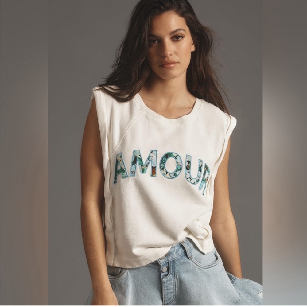 Anthropologie White Tank Top with Blue Lettering